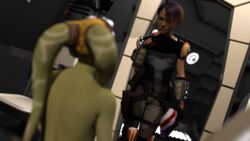 2girls 3d alexbridger breasts clothed clothing colored_hair female_focus female_only fondling hera_syndulla hi_res nude open_mouth sabine_wren short_hair star_wars star_wars_rebels tight_clothing twi'lek undressing wide_hips