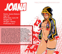 1girls bikini black_jacket blue_eyes breasts brown_hair butt character_profile character_sheet darkereve g-string hood_up hooded_jacket hoodie jacket jagua_tales joana_dolores looking_at_viewer pin-up pin_up pinup profile red_background reference reference_sheet tagme tan_body tan_skin thick_thighs