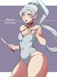 1girls blue_eyes breasts cake fat_ass female fork knife krius-ol leotard looking_at_viewer open_mouth ponytail pov rwby scar small_breasts snack thick thick_thighs thighs thunder_thighs weiss_schnee white_hair white_leotard wide_hips