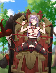 1boy 1girls black_legwear bondage breasts defeated gag gagged genshin_impact hilichurls_(species) horn human humiliation keqing_(genshin_impact) looking_at_viewer mask meat_shield medium_breasts monster nipples pantyhose purple_hair pussy restrained rope rope_bondage shield size_difference spread_legs tied_up topless torn_pantyhose torture twintails