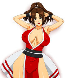 bare_shoulders blush breasts brown_hair covered_erect_nipples fatal_fury female highres image_sample king_of_fighters large_breasts long_hair mai_shiranui no_bra no_panties open_mouth pixiv_sample ponytail revealing_clothes simple_background smile white_background
