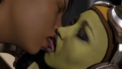 2girls 3d alexbridger closed_eyes clothed clothing colored_hair female_focus female_only fondling french_kiss hera_syndulla hi_res kissing open_mouth sabine_wren short_hair star_wars star_wars_rebels tight_clothing tongue_out twi'lek