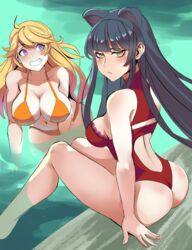 2girls ass belly_button big_breasts bikini bikini_bottom bikini_top black_hair blake_belladonna blonde_hair blush breasts bubble_ass bubble_butt cat_ears cat_girl catgirl embarrassed huge_breasts krius-ol large_breasts leotard long_hair looking_at_viewer looking_back multiple_girls navel one-piece_swimsuit pool purple_eyes red_bikini red_leotard red_one-piece_swimsuit red_swimsuit rwby sideboob sitting smile smiling swimsuit yang_xiao_long yellow_bikini yellow_eyes yellow_hair yellow_swimsuit