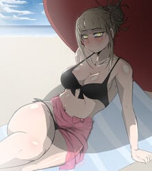 1girls beach beach_towel bikini blonde_hair blush breasts cleavage female female_only fishywishy glowing_eyes himiko_toga large_breasts leaning_back looking_at_viewer my_hero_academia ocean sitting smile solo tied_hair yellow_eyes