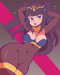 1girls arms_behind_head bangs big_breasts bodystocking breasts brown_eyes brown_hair circlet cleavage clothed collar female fire_emblem fire_emblem_awakening hi_res nintendo open_mouth simple_background solo solo_focus sweat sweatdrop tharja_(fire_emblem) thick_thighs tiaramisstsu tongue tongue_out very_long_hair wide_hips