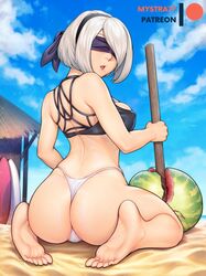 back_view barefoot bra female kneeling mystra77 nier nier:_automata solo thong wariza watermelon yorha_2b