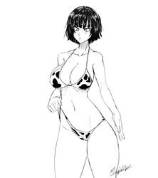 1girls bangs bikini bikini_bottom_pull black_and_white blush breasts cleavage confused_look cow_print female female_only fishywishy fubuki_(one-punch_man) large_breasts one-punch_man slender_waist slim solo white_background year_of_the_cow