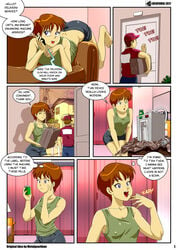 1girls 2017 breast_expansion breasts comic dialogue english english_text female female_only huge_breasts lactation locofuria milking nipple_bulge original original_character page_1 page_number pokies speech_bubble wardrobe_malfunction