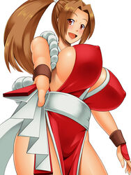 bouncing_breasts breasts brown_hair covered_erect_nipples fan fatal_fury female huge_breasts kawanuma_uotsuri king_of_fighters large_breasts mai_shiranui ninja no_bra no_panties open_mouth ponytail smile snk solo