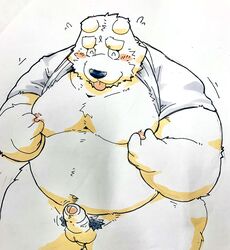 2021 anthro balls belly black_nose blush canid canine canis domestic_dog erection genitals hi_res humanoid_genitalia humanoid_hands humanoid_penis kemono male mammal moobs nipples overweight overweight_anthro overweight_male penis solo suishou0602 tongue tongue_out