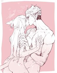 1boy animal_ears ass blue_eyes blush border breasts cat_ears cat_tail completely_nude female final_fantasy final_fantasy_xiv french_kiss from_side hair_slicked_back hand_on_another's_chest highres kissing large_breasts long_hair miqo'te nude pigeon666 pink_background pointy_ears scar short_hair simple_background spot_color straight tail very_short_hair white_border