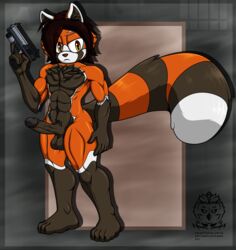 ailurid anthro balls fan_character fluffy_chest genitals gun hi_res inner_ear_fluff male mammal muscular muscular_anthro muscular_male orange_eyes penis ranged_weapon red_panda snowyowlkonnen solo sonic_(series) sonic_the_hedgehog_(series) tuft weapon