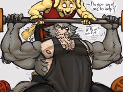 2boys barbell baring_teeth beastars biceps big_arms big_biceps big_penis bigger_male black_skirt chest_tuft claws closed_eyes concerned cream_fur eggubboyo_(artist) grey_fur hairy_armpits huge_muscles huge_pecs jack_(beastars) legoshi_(beastars) lifting male_only muscle muscles muscular nipples spotter struggle struggling tank_top tanktop text_bubble two_tone_fur working_out workout yellow_fur