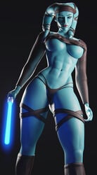 2021 3d aayla_secura alien alien_girl attack_of_the_clones blue_eyes blue_lightsaber busty el-recondite_(artist) female female_focus female_only hourglass_figure jedi jedi_master lekku lightsaber lucasfilm navel solo standing star_wars tagme twi'lek underboob wide_hips