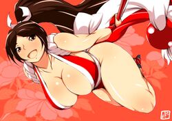 big_breasts breasts brown_eyes brown_hair donson fatal_fury female happy huge_breasts king_of_fighters long_hair mai_shiranui milf no_bra no_panties no_underwear open_mouth ponytail revealing_clothes smile thick_thighs very_long_hair