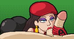 1boy 1girls animated ass ass_up ball_sucking balls big_ass blue_eyes brown_hair earrings eyeshadow female female_focus gloves green_background handjob hat jiggle lipstick mario_(series) mario_golf naughtysableye nintendo pauline penis pixel_art simple_background sucking