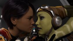 2girls 3d alexbridger brown_eyes clothed clothing colored_hair female_focus female_only fondling green_eyes hera_syndulla hi_res sabine_wren short_hair star_wars star_wars_rebels tight_clothing twi'lek