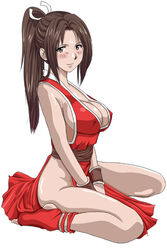artist_request barefoot blush breasts brown_eyes brown_hair cheongsam china_dress chinese_clothes curvy dress fatal_fury female king_of_fighters large_breasts long_hair looking_at_viewer lowres mai_shiranui no_bra no_panties pelvic_curtain ponytail qipao red_dress revealing_clothes side_slit sideboob simple_background sitting snk solo toeless_legwear two_side_up wariza