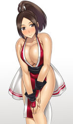 bare_legs blush breasts brown_eyes brown_hair cleavage darabuchi eyebrows_visible_through_hair fatal_fury female gradient gradient_background highres huge_breasts king_of_fighters looking_at_viewer mai_shiranui no_bra no_panties ponytail revealing_clothes smile solo standing white_background