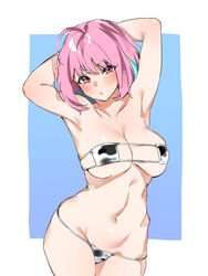 2021 armpits arms_up belly bikini bikini_bottom bikini_top blue_background blush breasts eyepatch_bikini female female female_focus female_only idolmaster idolmaster_cinderella_girls karan looking_at_viewer navel pink_hair short_hair simple_background solo solo_female solo_focus stomach yumemi_riamu