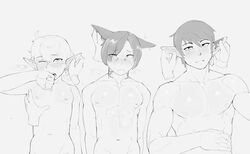 3boys abs alphinaud_leveilleur aymeric_de_borel blush cat_ears cheesecrumbles closed_eyes ear_rub earrings elezen embarrassed eyebrows_visible_through_hair final_fantasy final_fantasy_xiv g'raha_tia hands male_only miqo'te nipples nude open_mouth pointy_ears smiling square_enix tattoo twink uncommon_stimulation