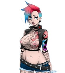 1girls anarchy_symbol areolae belt blue_eyes blue_hair breasts cigarette cutoffs dyed_hair earrings female female_only fishnet_shirt fishnet_stockings fishnets fishywishy jacket large_breasts lipstick looking_away midriff navel nipple_piercing nipples nose_piercing original original_character pink_hair punk punk_girl sad short_shorts short_two_tone_hair shorts smoking solo spiky_hair streetwear tattoo two_tone_hair white_background