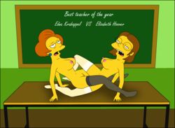 2girls battle black_stockings breasts brown_hair classroom couple edna_krabappel elizabeth_hoover female_only glasses multiple_girls navel nipples nude pussy red_hair scissoring sexfight sexfightfun short_hair stockings the_simpsons tribadism white_stockings wrestling yuri