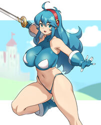 1girls 2020 aqua_eyes bare_legs bare_midriff belly_button big_breasts blue_hair borrowed_character houtengeki huge_breasts repost solo solo_female sword tagme tecna_(yumurama) thong