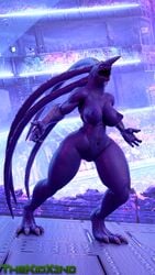 2020 3d_(artwork) 4k 9:16 absurd_res big_breasts breasts claws digital_media_(artwork) female front_view full-length_portrait hi_res huge_filesize khanivore love_death_+_robots monster netflix nipples nude open_mouth portrait purple_body purple_nipples solo standing thekidxeno wide_hips