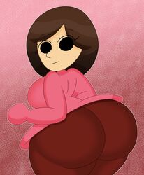 1girls 3barts ass big_ass big_breasts big_butt big_eyes black_eyes breasts brown_hair guest_f huge_ass large_ass looking_at_viewer looking_back mii mob_face nintendo pink_shirt stare