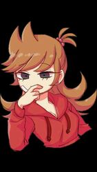 black_eyes brown_hair cleavage earrings eddsworld ellsworld hair_ornament hoodie looking_at_viewer red_earrings red_hair_ornament red_hoodie red_nails rule_63 thinking tori_(eddsworld)