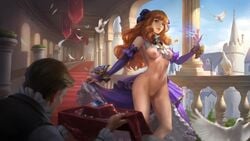 1boy 1girls bangs breasts brown_hair faceless_male female guinevere_(mobile_legends) light-skinned_female light_hair light_skin long_hair magic male medium_breasts mobile_legends mobile_legends:_bang_bang nude pussy schmunch tagme thick_thighs thighs wide_hips