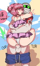 1boy 1girls ass beach big_penis bikini bikini_aside bikini_bottom bikini_top bubble_ass bubble_butt captain_kirb doki_doki_literature_club female huge_cock looking_down male natsuki_(doki_doki_literature_club) oc original_character outdoor_sex outdoors panties panties_aside penetration penis pink_eyes pink_hair pussy rough_sex self_insert sex size_difference speech_bubble underwear vagina vaginal_insertion vaginal_penetration