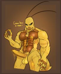 1boy abs animal_humanoid anthro aroused arthropod arthropod_humanoid balls bee biceps bodily_fluids body_hair chest_hair cum dialogue domination erection food genital_fluids genitals honey_(food) humanoid hymenopteran insect_humanoid insects male male_domination male_only muscular pecs penis precum pubes solo spookysauces sweat talking_to_viewer unusual_cum