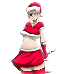 1girls blonde_hair blush candy_cane christmas christmas_hat creepy_smile crop_top female female_only fishywishy gloves grin himiko_toga looking_at_viewer my_hero_academia navel skirt smile solo thighhighs underboob white_background yellow_eyes