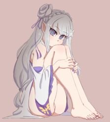 1girls 5_toes bard-bot barefoot blue_eyes blue_nails braid elf emilia_(re:zero) eyelashes feet female female_only grey_background hair_bun hair_ornament hair_ribbon hairless_pussy humanoid knee leg_hug long_hair looking_at_viewer nail_polish no_panties pale_skin pointy_ears pussy re:zero_kara_hajimeru_isekai_seikatsu side_view simple_background sitting solo toenail_polish toes very_long_hair white_hair wide_sleeves