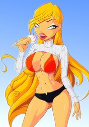 1girls 4kids_entertainment amber_eyes big_breasts blonde_hair bra breasts cameltoe cleavage eyeshadow hourglass_figure ice_cream lipstick long_hair makeup nickelodeon nipple_bulge rainbow_(animation_studio) solo stella_(winx_club) sweater thin_waist turtleneck voluptuous wasp_waist wide_hips winx_club zfive