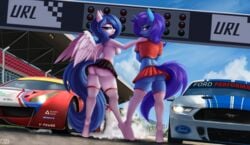 2girls anthro ass bottomwear breasts burnout car clothing duo equid equine female ferrari footwear ford ford_mustang genitals hasbro hi_res horn horse looking_at_viewer mammal mustang my_little_pony nipples pegasus pony pony-way pussy race_track skirt smoke socks underwear unicorn vehicle wings