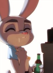 4_fingers alcohol anthro beer beverage bikini bikini_top bodily_fluids breasts closed_eyes clothed clothing cum cum_in_mouth cum_inside disney doxy drinking drinking_cum female fingers food fur genital_fluids grey_body grey_fur hand_on_chest hi_res judy_hopps lagomorph leporid long_ears mammal multicolored_body multicolored_fur rabbit shirt simple_background small_breasts solo sweat swimsuit swimwear topwear two_tone_body two_tone_fur white_background white_body white_fur zootopia zootropolis