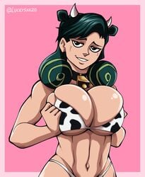 1girls big_breasts breasts cow_girl cow_print female gilf green_hair human jojo's_bizarre_adventure jojolion kaato_higashikata light-skinned_female light_skin long_hair luckyshazo mature milf pink_background shounen_jump solo solo_female