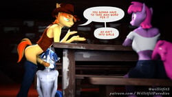 16:9 3d_(artwork) anthro berry_punch_(mlp) bodily_fluids bottomwear braeburn_(mlp) clothed clothing cowboy cowboy_hat cum cum_in_mouth cum_inside cum_on_chest cum_on_face denim denim_clothing dialogue digital_media_(artwork) english_text fellatio female friendship_is_magic genital_fluids girly group hasbro hat headgear headwear jeans male male/male my_little_pony oral pants pants_down partially_clothed penile sex shining_armor_(mlp) smooth_skin speech_bubble stated_homosexuality stated_sexuality stealth_sex text topless topless_male topwear trio under_the_table url vest widescreen willitfit