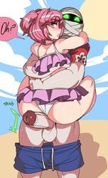 1boy 1girls ass beach big_penis bikini bikini_bottom bikini_top bubble_ass bubble_butt captain_kirb doki_doki_literature_club female huge_cock imminent_sex looking_down male natsuki_(doki_doki_literature_club) oc original_character outdoors panties penis pink_eyes pink_hair self_insert size_difference speech_bubble underwear