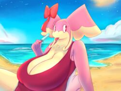 4:3 accessory anthro audino beach big_breasts breasts clothed clothing digital_media_(artwork) female goopyarts hair_accessory hair_ribbon hairbow huge_breasts hyper nintendo pokémon_(species) pokemon raina_(goopyarts) ribbons seaside slightly_chubby solo swimwear thick_thighs video_games wide_hips