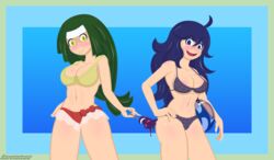 2girls bikini breasts channeler_(pokemon) green_hair hex_maniac kurotatsuo nintendo npc_trainer pokemon pokemon_xy purple_hair