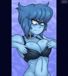 1girls annoyed blue_eyes blue_hair blue_skin bra breasts choker cleavage eyeshadow female female_only kamikamatayan lapis_lazuli_(steven_universe) large_breasts looking_at_breasts looking_down navel short_hair solo steven_universe