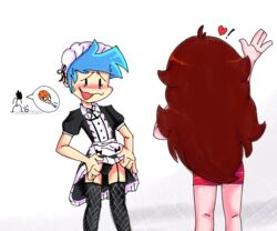 1girls 2boys adzi5 bisexual bisexual_male black_clothing blue_hair blush boyfriend_(friday_night_funkin) crossdressing fishnet_legwear fishnet_stockings fishnets friday_night_funkin garter_straps girlfriend_(friday_night_funkin) maid_headdress maid_uniform male/male/female pico_(newgrounds) surprised_expression