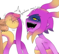 1girls cum cum_in_mouth cum_on_hair dick female human_penetrating marina_(omori) monster_girl omori pink_hair pink_skin sharp_teeth slime_girls_(omori) tentacle yellow_eyes