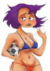 armpits big_breasts bikini bikini_bottom bikini_top blush fanning_self hard_nipples home_movies looking_at_viewer milf mom mommy nipples_visible_through_clothing paula_small purple_hair slutplanet soccer_ball string_bikini sweat sweatdrop thick_thighs thin_waist wide_hips