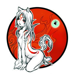 amaterasu animal_ear arched_back arm_support barefoot blue_eyes bodypaint empty_eyes facial_mark flat_chest forehead_mark gijinka issun kintaro_(artist) long_hair mound_of_venus multicolored_hair no_nipples nude okami open_mouth personification seiza sitting tail tattoo two_tone_hair white_hair wolf_ear wolf_tail