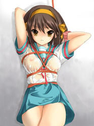 bondage breast_bondage breasts brown_eyes brown_hair garickson hairband nipples no_bra school_uniform see-through short_hair skirt suzumiya_haruhi suzumiya_haruhi_no_yuuutsu wet wet_clothes